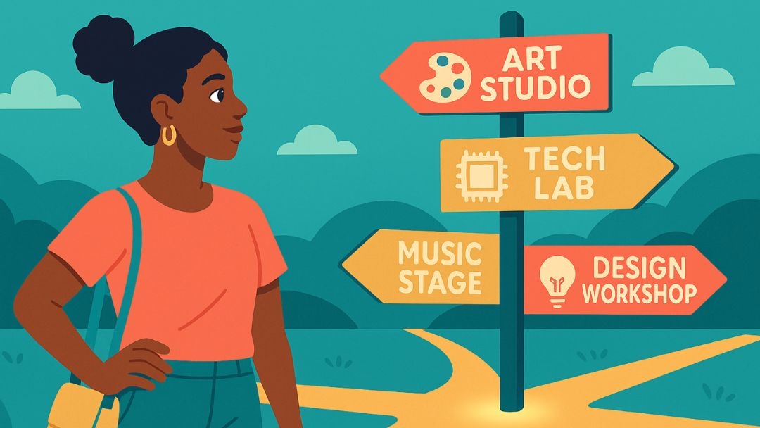 Entrepreneur with high openness exploring multiple creative career paths including art studio, tech lab, music stage, and design workshop.