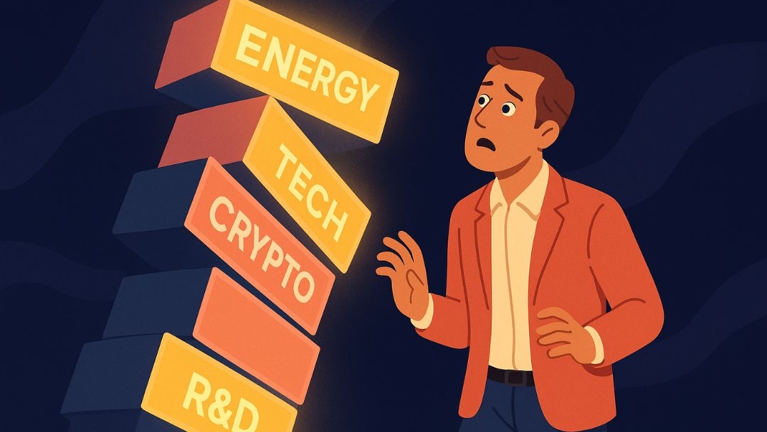High openness entrepreneurship challenges with overwhelmed businessman facing unstable stack of diverse interests in energy, tech, crypto, and R&D.