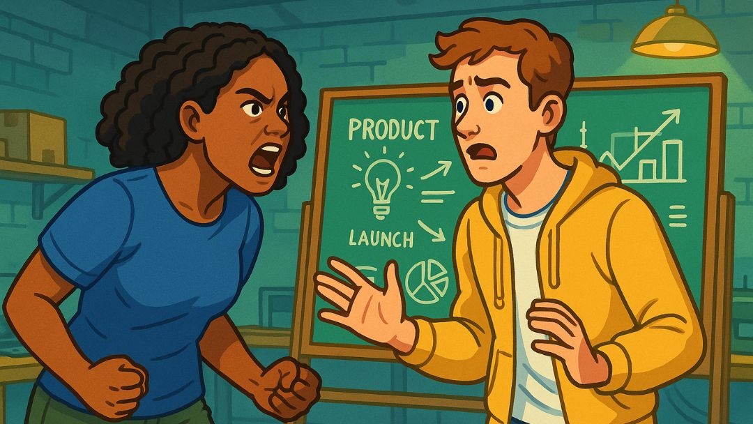 Antagonistic entrepreneur in heated conflict with team member over product launch strategy.