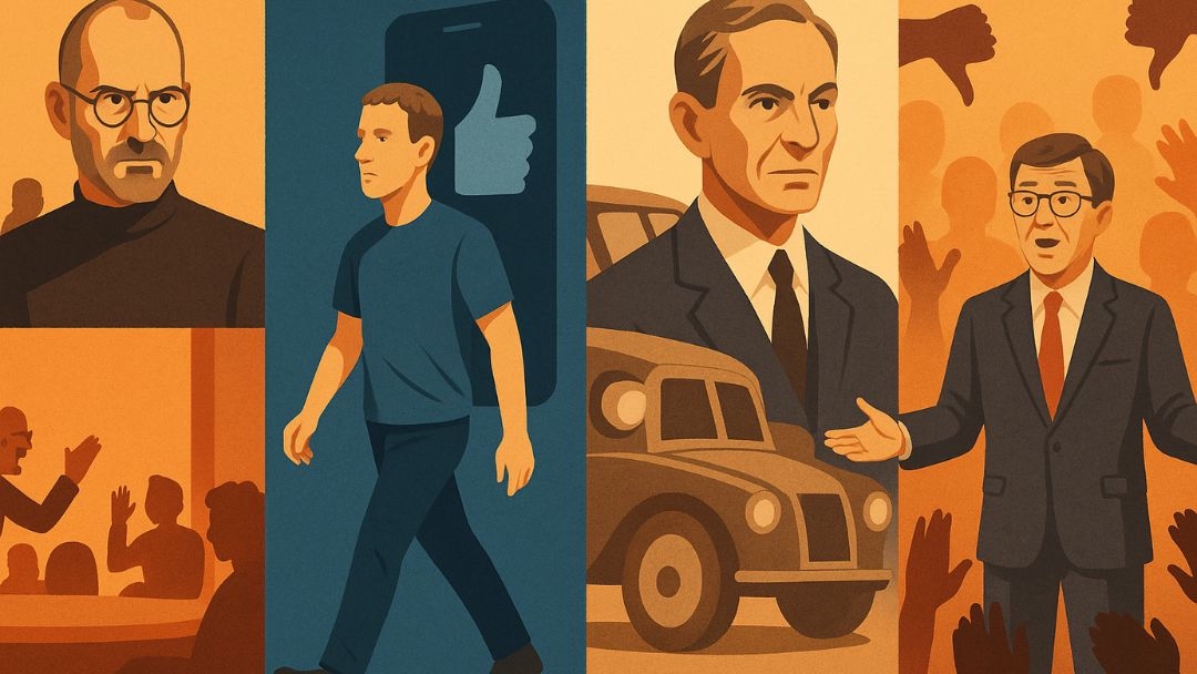 Famous entrepreneurs with low agreeableness traits depicted in business success scenarios.