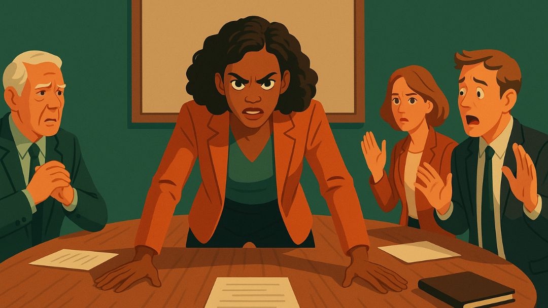 Low agreeableness entrepreneur displaying assertive leadership during tense business meeting.