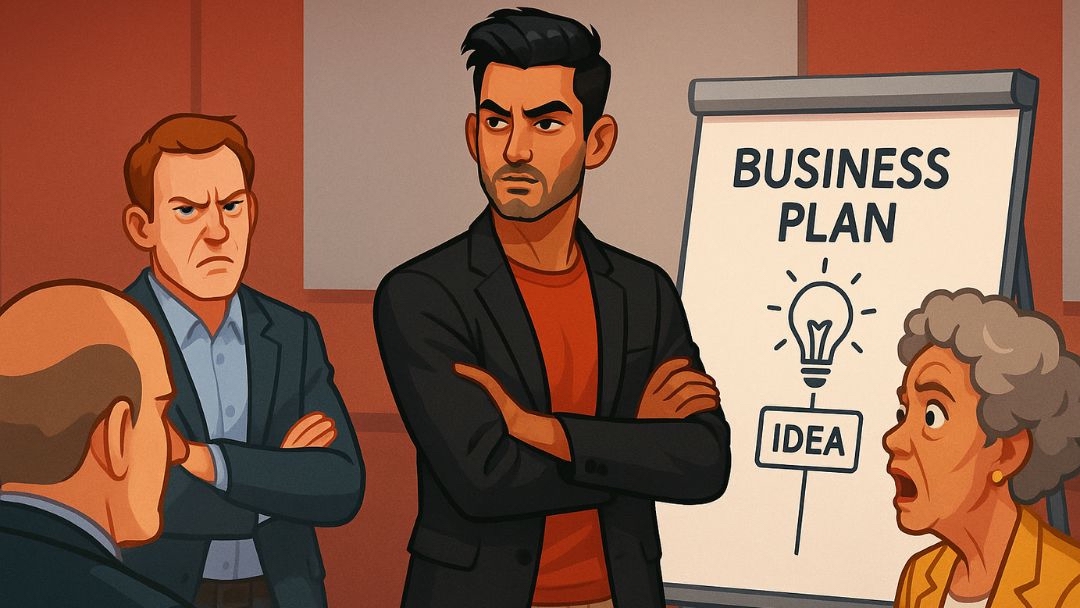 Low agreeableness entrepreneurs displaying competitive behavior in business plan meeting.