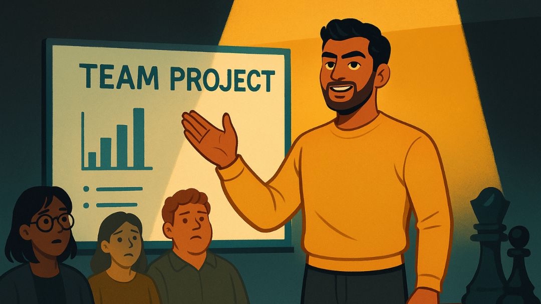 Entrepreneur with low agreeableness presenting team project to concerned employees.