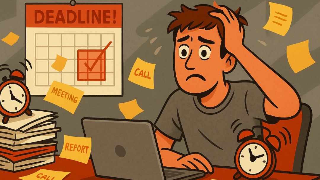 Stressed entrepreneur missing deadlines, showing low conscientiousness entrepreneurship challenges.