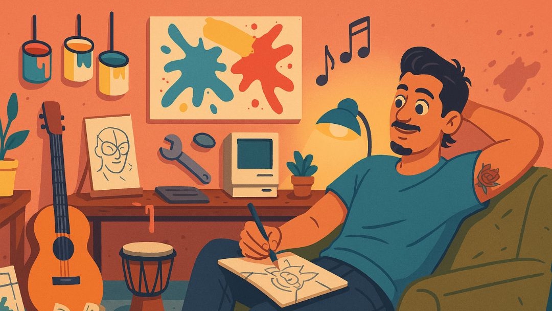 Creative workspace with relaxed artist sketching ideas, symbolizing low conscientiousness entrepreneurship and a spontaneous business style.