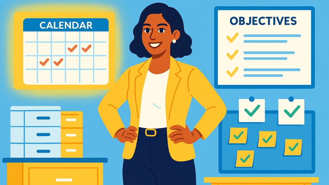 Confident entrepreneur standing by organized calendar and objectives board, showing success strategies for low conscientiousness entrepreneurship.