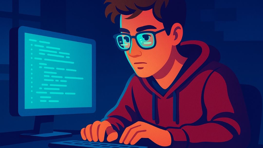 Low extraversion entrepreneurship in tech with young developer coding independently at computer late at night.