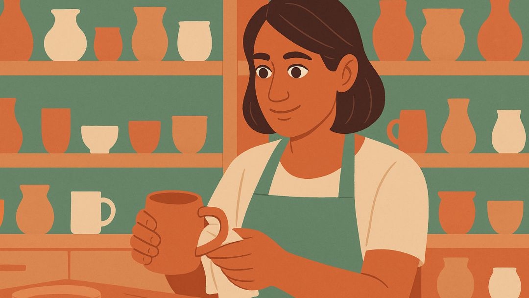 Low extraversion entrepreneur crafting handmade pottery in peaceful artisan studio workspace.