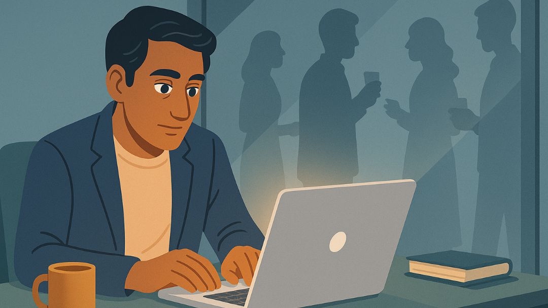 Introverted entrepreneur with low extraversion working alone while networking event occurs nearby.
