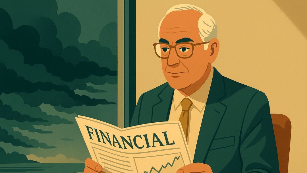 Successful entrepreneur with low neuroticism reading financial news calmly during market volatility.