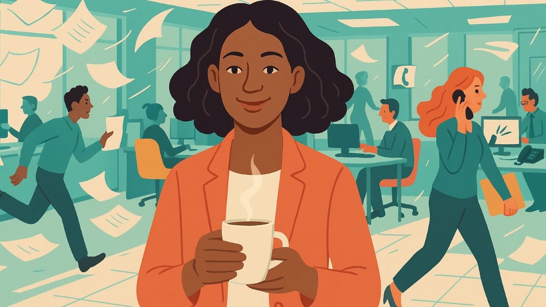 Calm entrepreneur with low neuroticism maintaining composure in busy office environment.