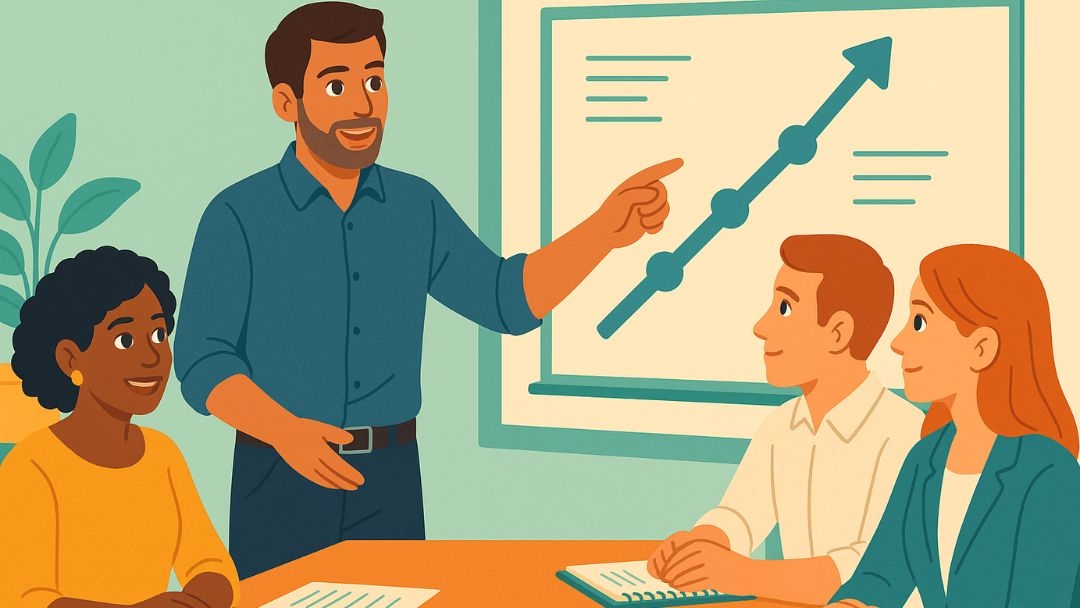 Low neuroticism entrepreneur presenting growth strategy to confident team members.