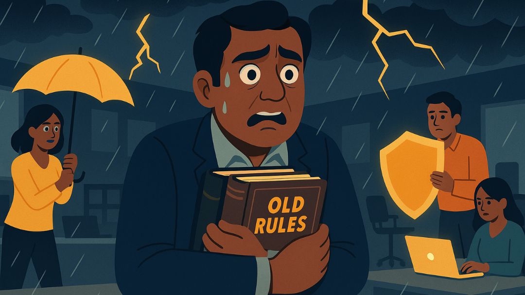 Low openness entrepreneurship challenges shown with businessman clinging to old rules during business storm.