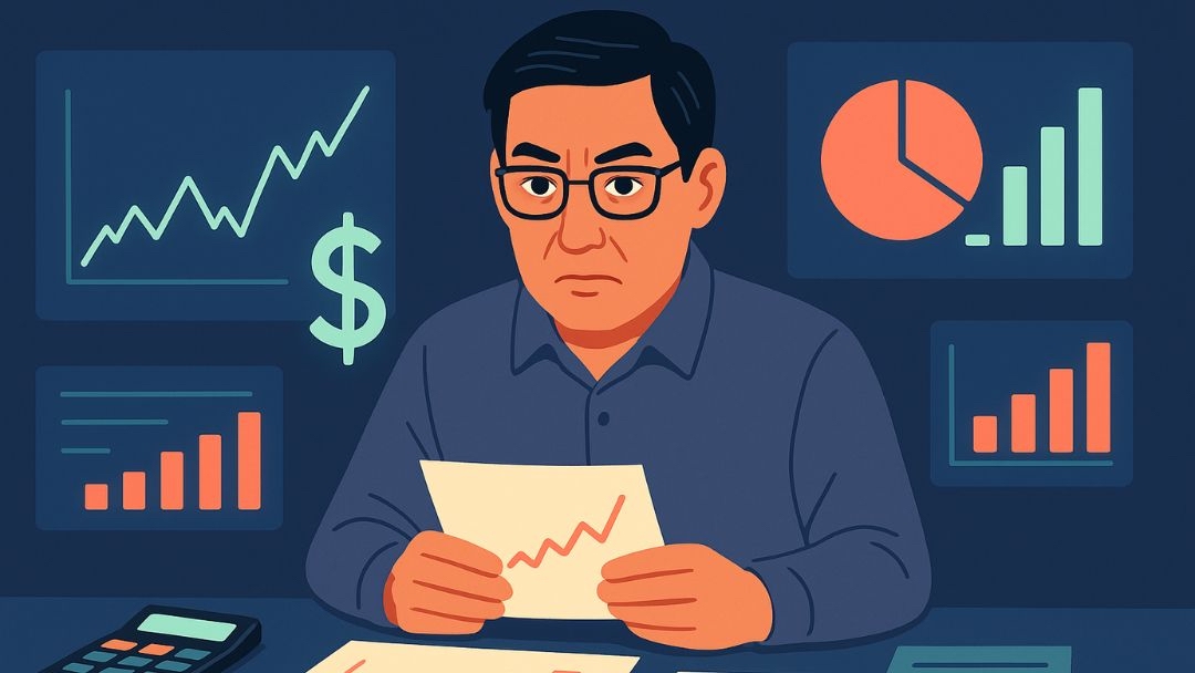 Entrepreneur with low openness reviewing financial reports surrounded by growth charts and business analytics.