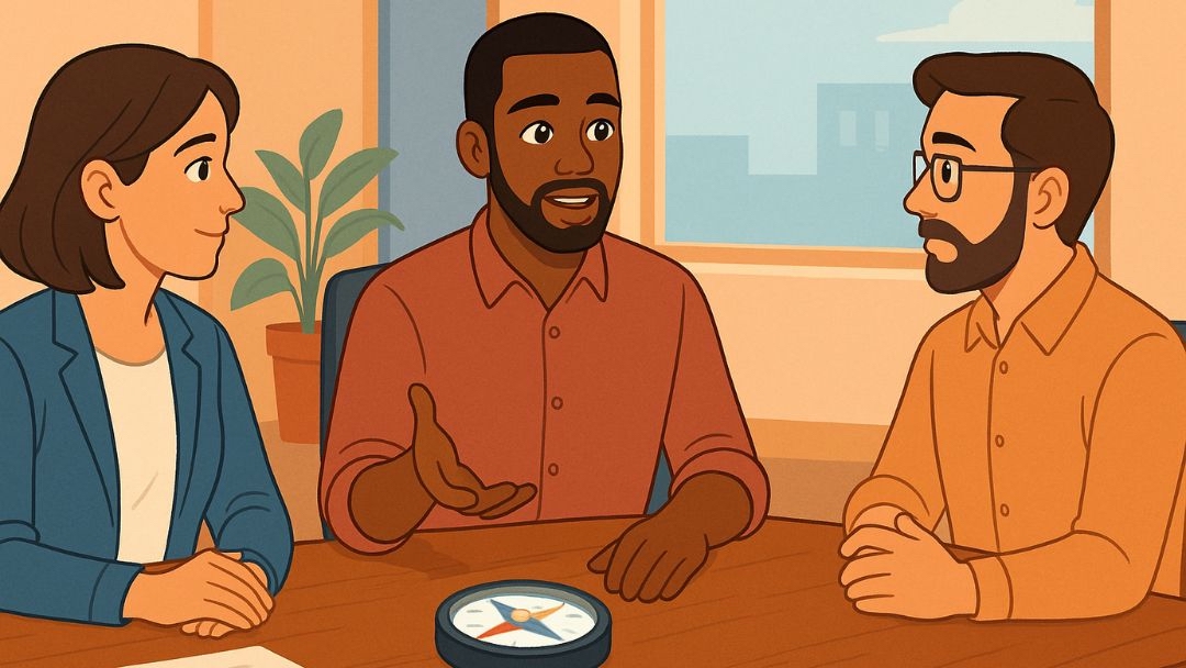 Entrepreneur with moderate agreeableness facilitating balanced team discussion in office meeting.