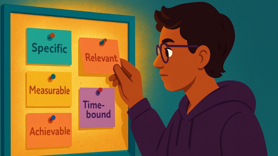 Moderate conscientiousness entrepreneur setting SMART goals for balanced business success.
