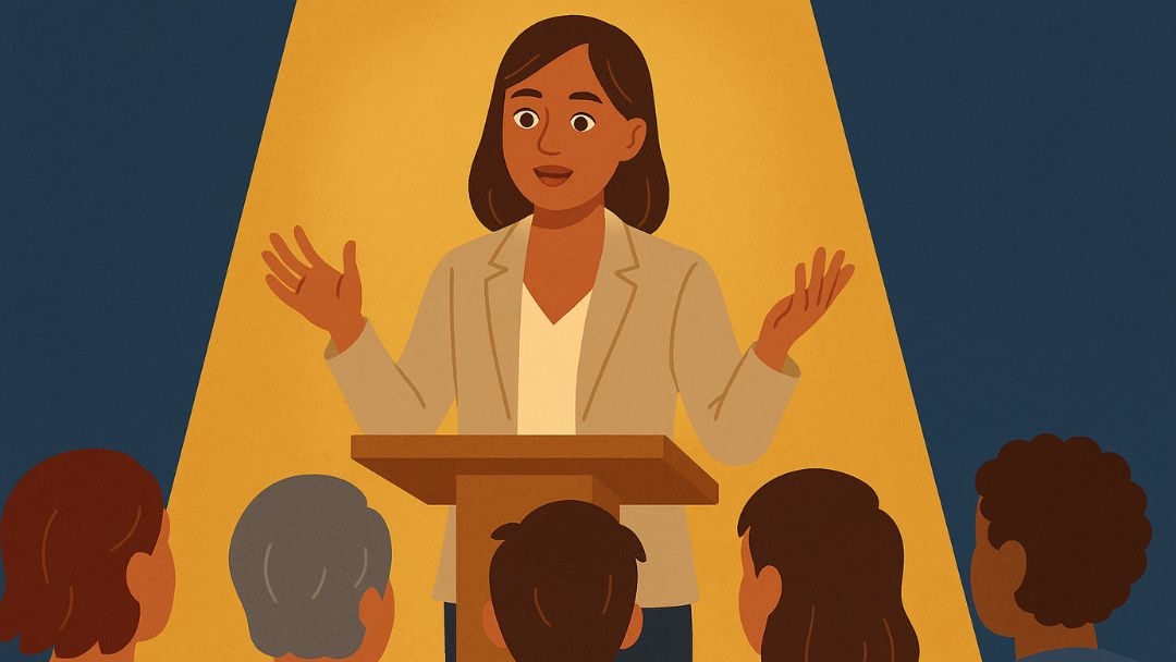 Moderate extraversion entrepreneur presenting to small audience with balanced engagement style.