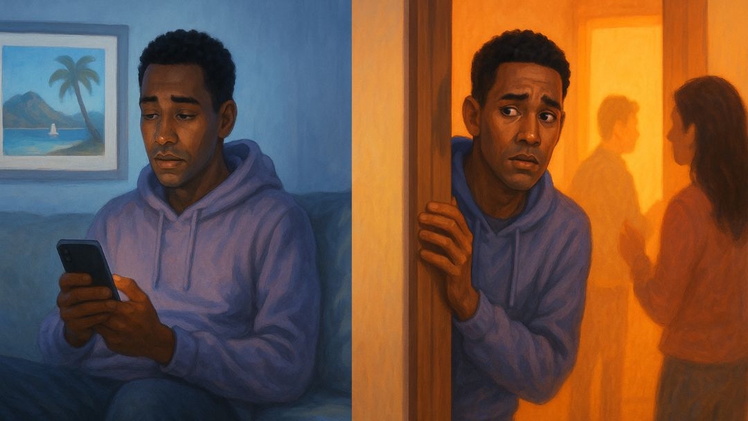 Split image showing envy vs jealousy with person viewing phone and watching couple.