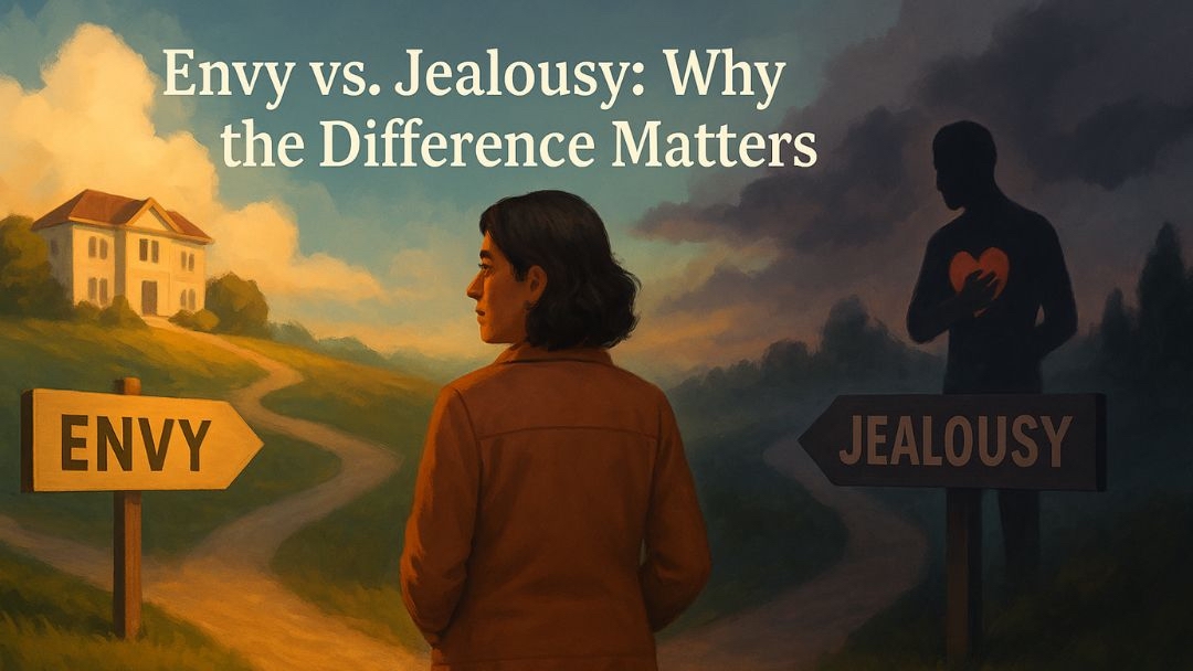 Person at crossroads between envy and jealousy paths showing why the difference matters.