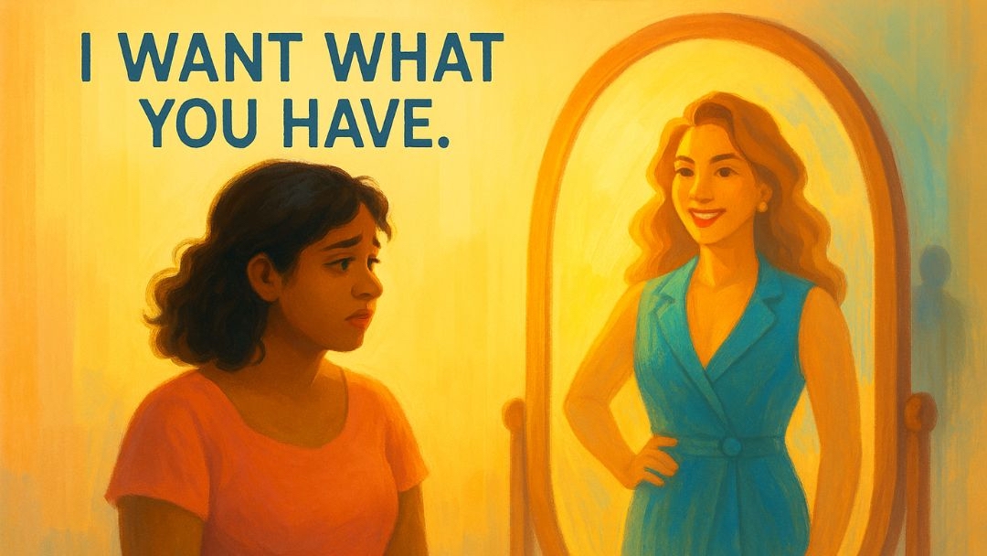 Woman looking at idealized mirror reflection illustrating how envy manifests in real life.