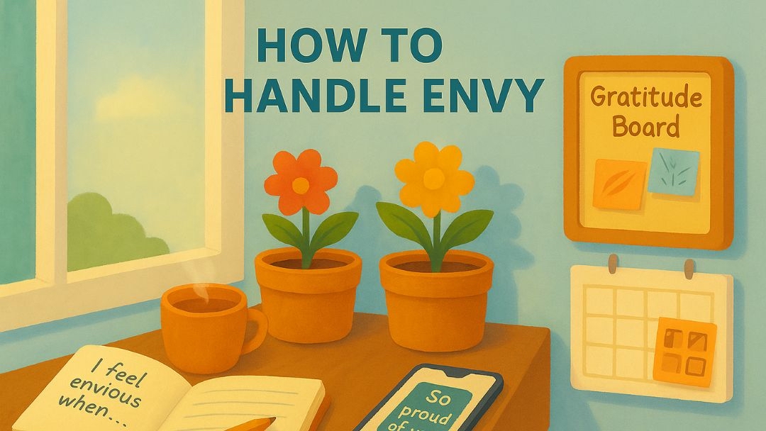 Gratitude board and journal showing practical tips to handle envy effectively.