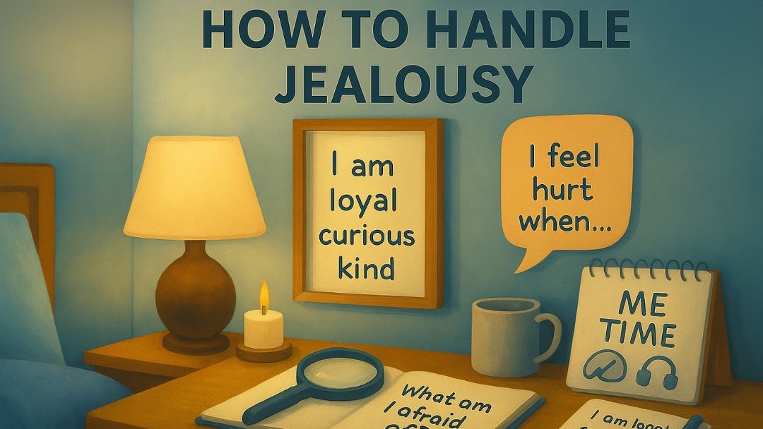 Self-reflection tools and affirmations showing practical tips to handle jealousy.