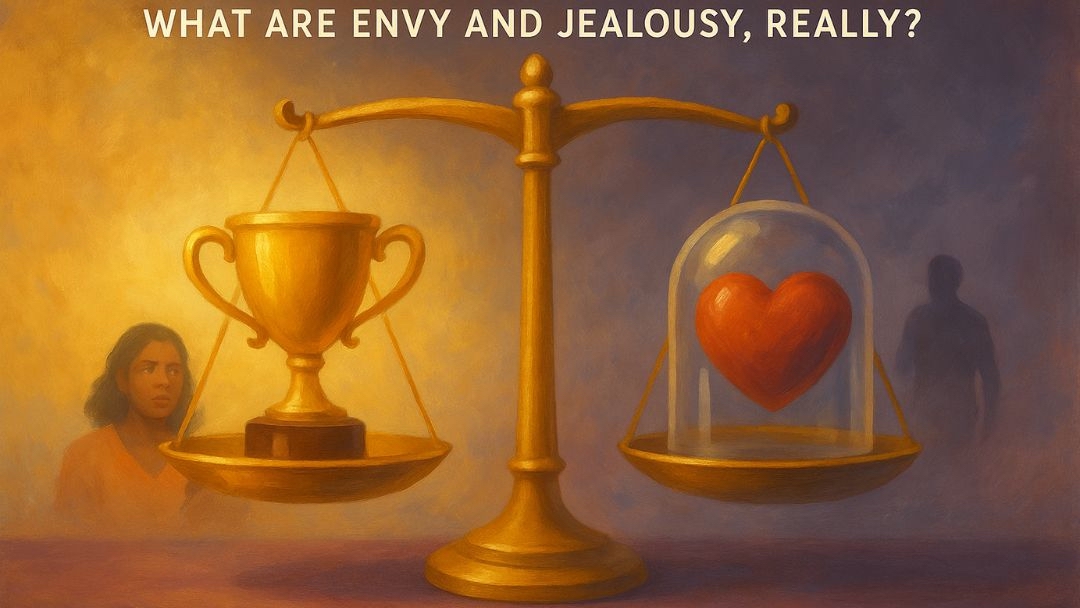Balance scale with trophy and protected heart illustrating envy vs jealousy differences.