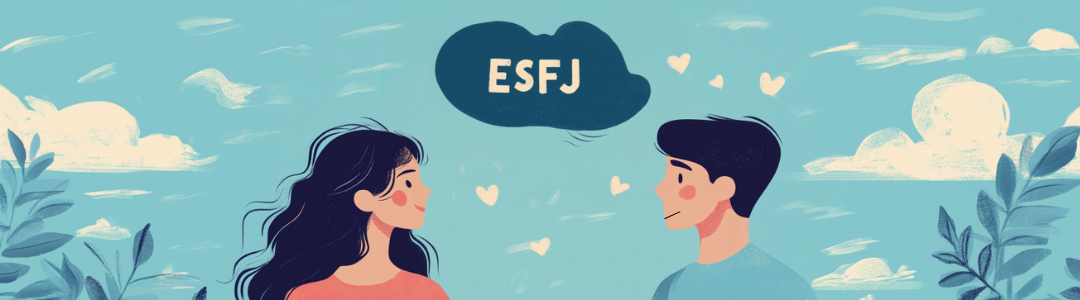 ESFJ compatibility with MBTI personality types illustrated by couple with hearts and ESFJ cloud label.