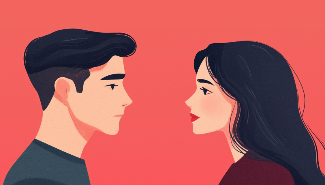 ESFJ compatibility and building lasting bonds illustrated by couple in profile gazing at each other.