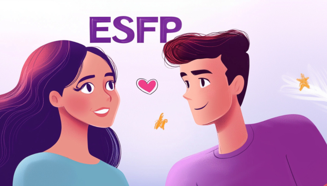 ESFP compatibility and relationship traits illustrated by warm couple with heart symbol and ESFP personality label.