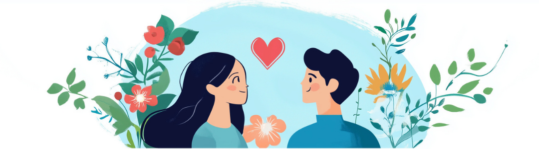 ESFP compatibility guide showing couple with heart symbol surrounded by colorful flowers and botanical elements.