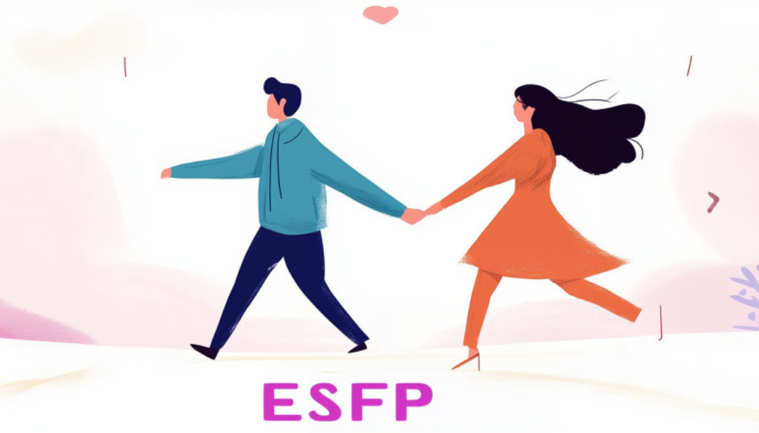 ESFP compatibility relationship needs shown through dynamic couple holding hands with heart symbol and movement.