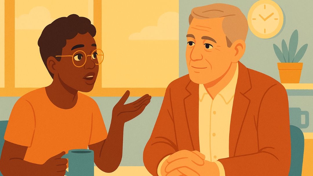 Illustration of two professionals discussing teamwork, highlighting strengths in ESTJ-A careers.