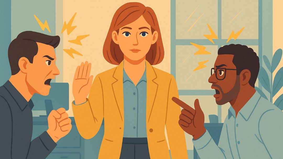 Illustration of an ESTJ-A professional mediating conflict, representing growth tips for ESTJ-A careers.