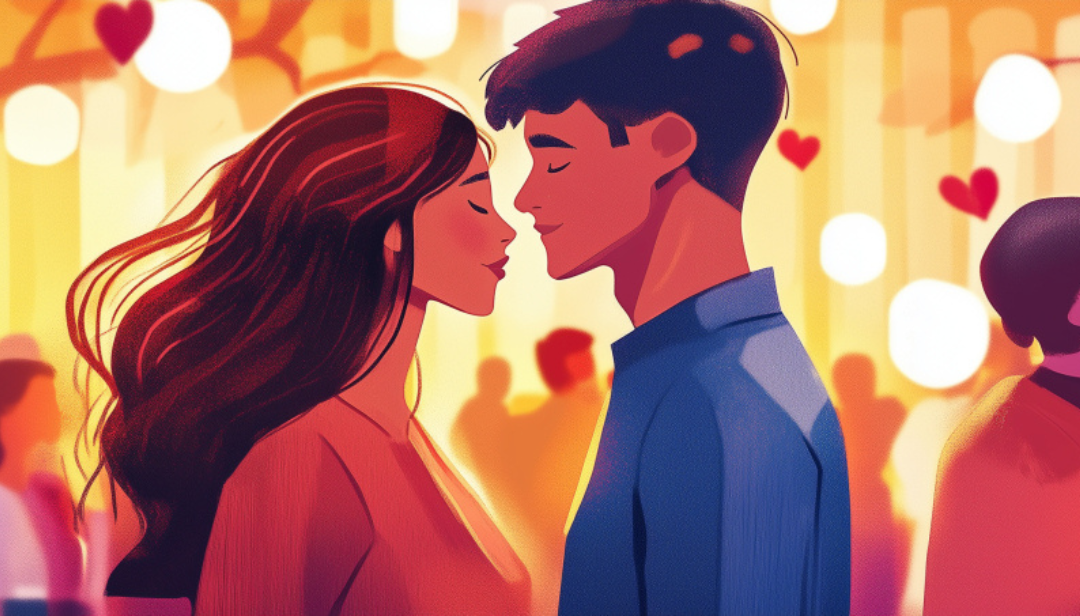 ESTJ compatibility average matches illustrated by romantic couple with hearts in warm glowing atmosphere.