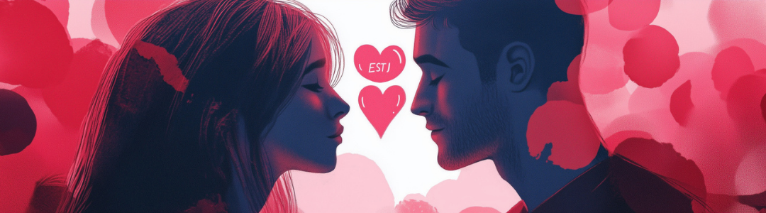 ESTJ compatibility guide showing couple with heart symbols and ESTJ label in romantic pink setting.