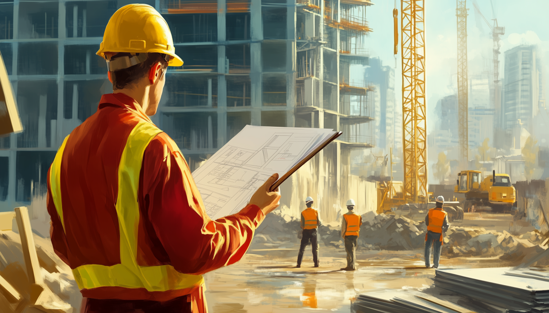 Construction manager reviewing plans at active job site ideal for ESTP-A careers.