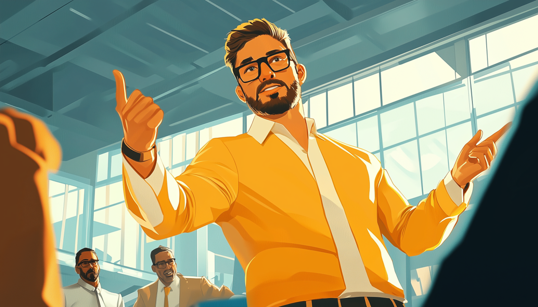 Confident ESTP-T professional leading presentation demonstrating career success traits.