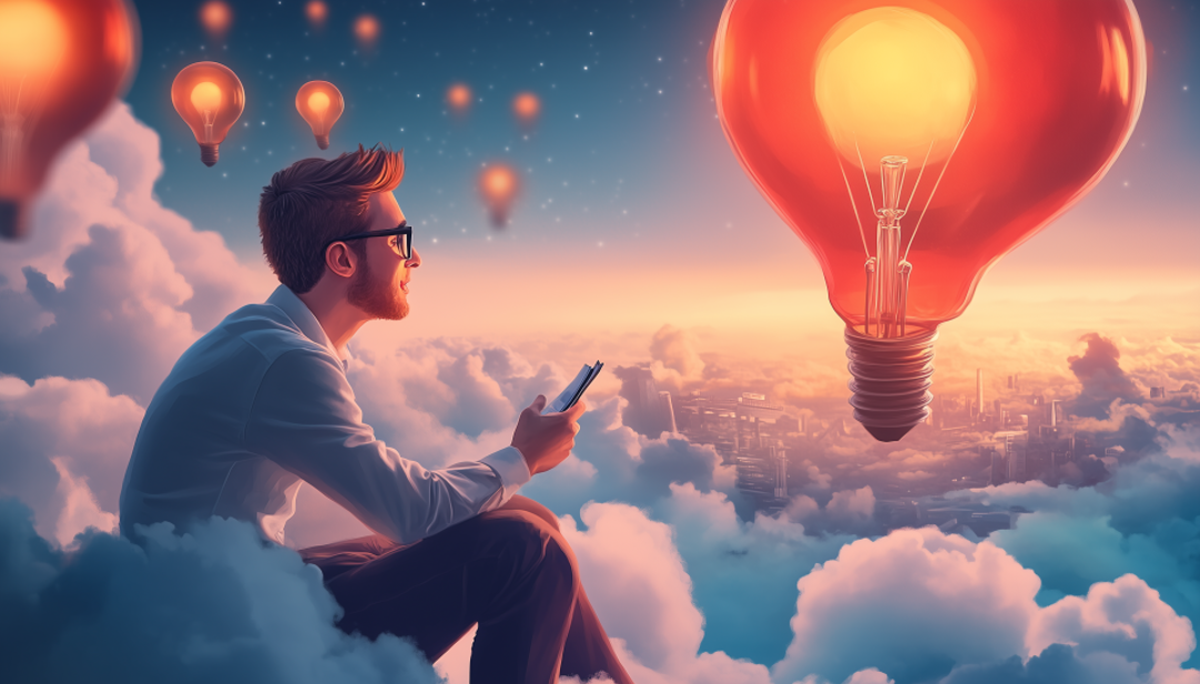 Professional exploring ESTP-T career paths with glowing lightbulb ideas in sky.