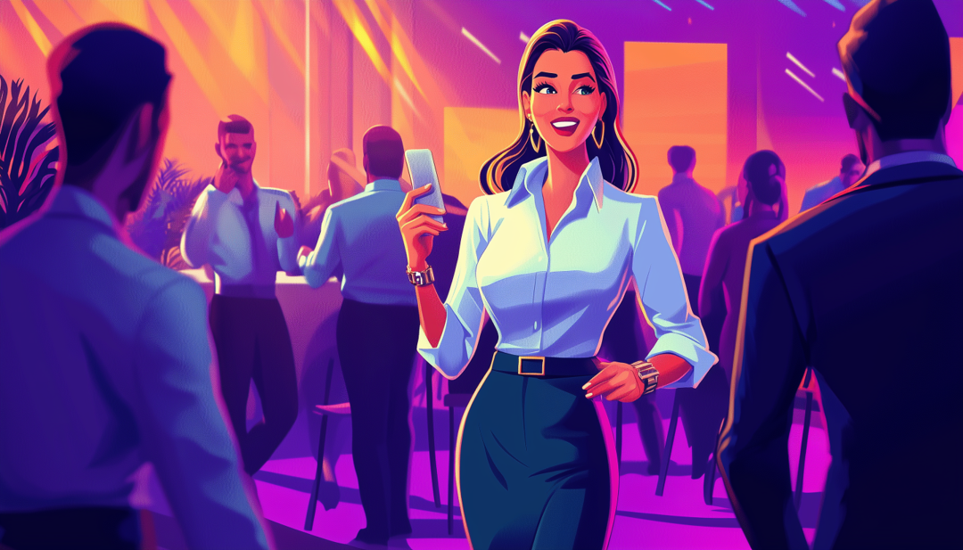 Confident ESTP-A professional networking at business event showcasing social career strengths.