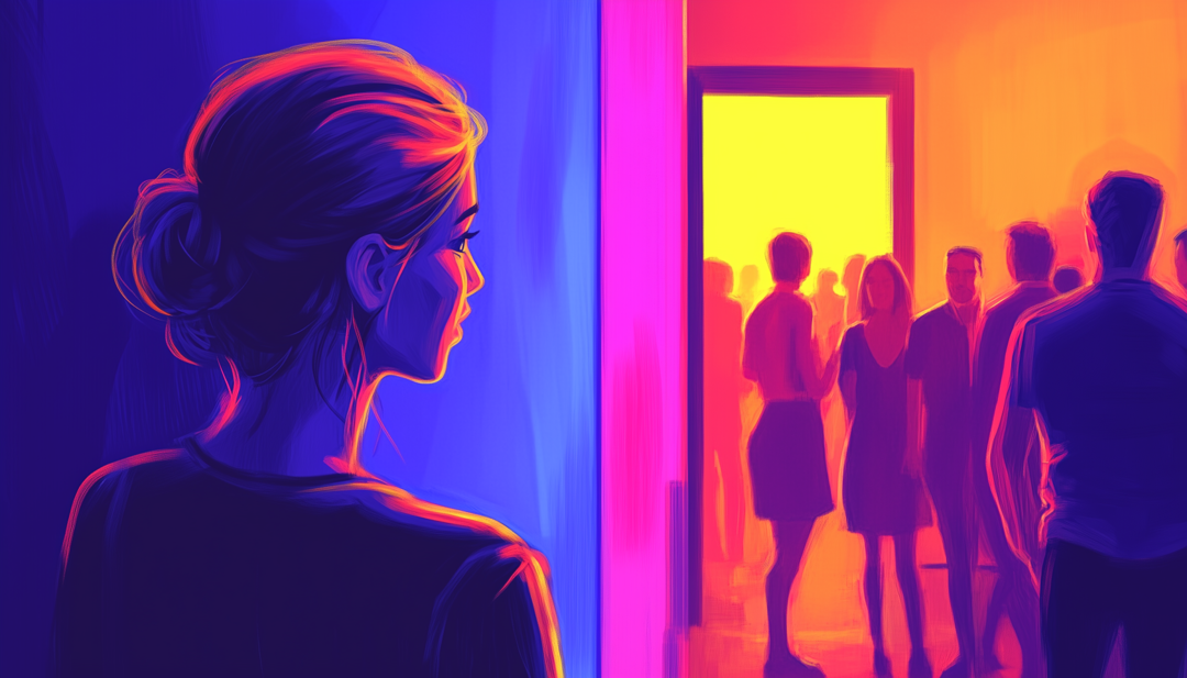 Person taking break from party showing extroverted introvert managing social energy challenges.