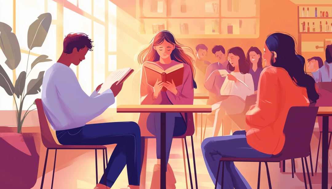 Cafe scene showing extroverted introvert choosing solitude while others socialize nearby.