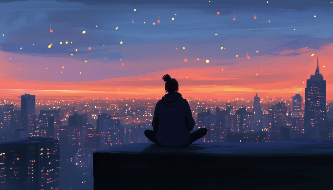 Person in quiet reflection overlooking city showing extroverted introvert need for alone time.