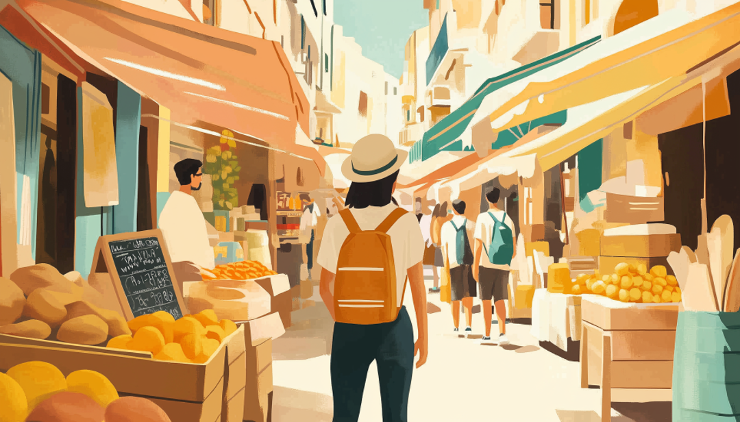 Person exploring busy outdoor market showing extroverted introvert balancing social engagement and solitude.
