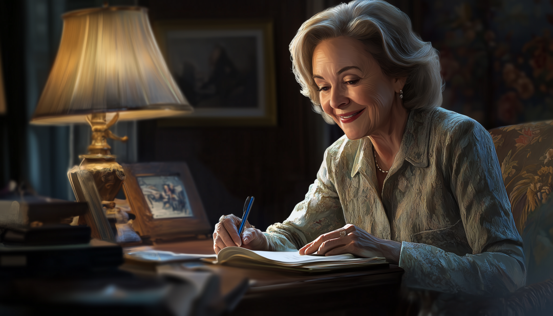 Barbara Walters writing at desk depicting famous ESFJ journalist and broadcaster with warmth and insight.