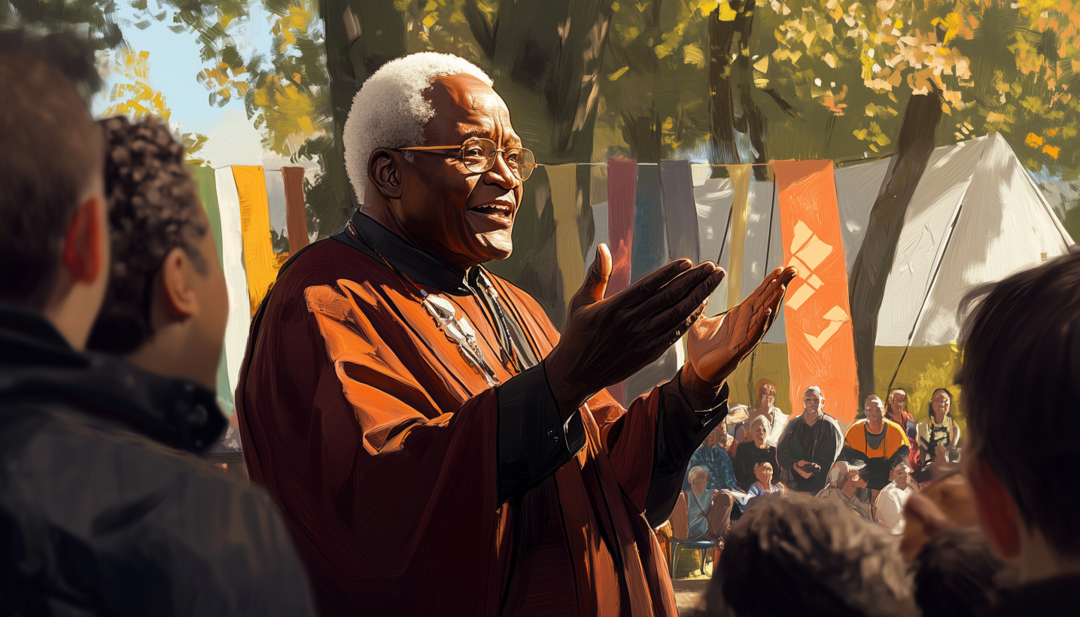 Desmond Tutu speaking to crowd showing famous ESFJ religious leader and activist.