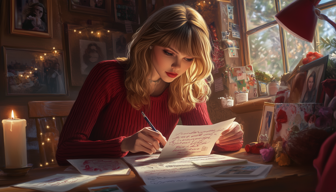 Taylor Swift illustration writing at desk depicting famous ESFJ singer and songwriter.
