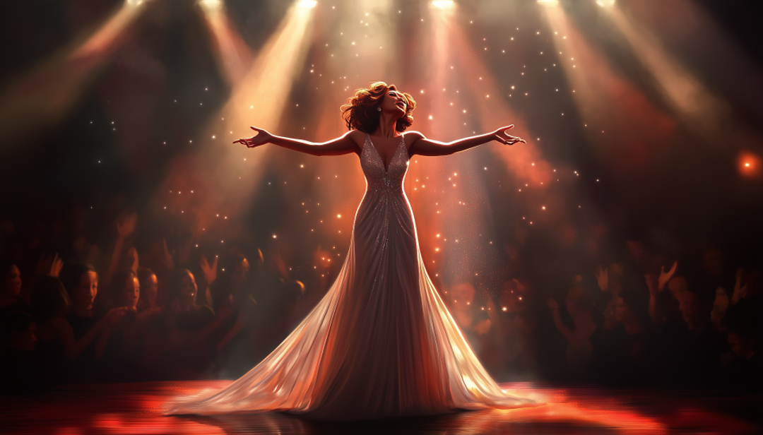 Whitney Houston on stage illustration showing famous ESFJ singer and performer.