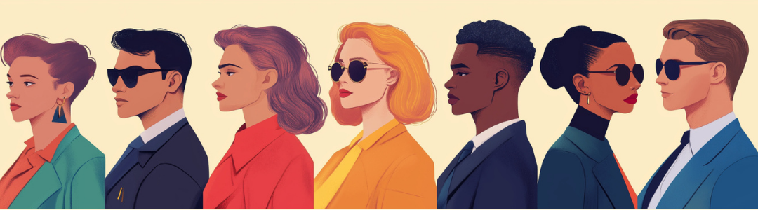 Famous ESTP personalities illustration showing diverse group in profile view.