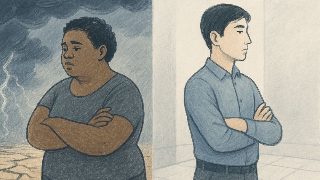 Split scene comparing fearful avoidant emotional turmoil with dismissive avoidant detachment.